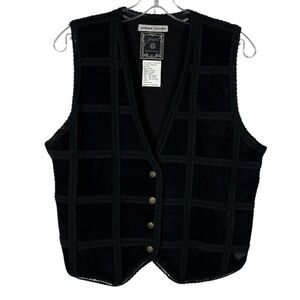 Vintage 90s JouJou Genuine Leather Black Suede Check Pattern Button Down Vest M